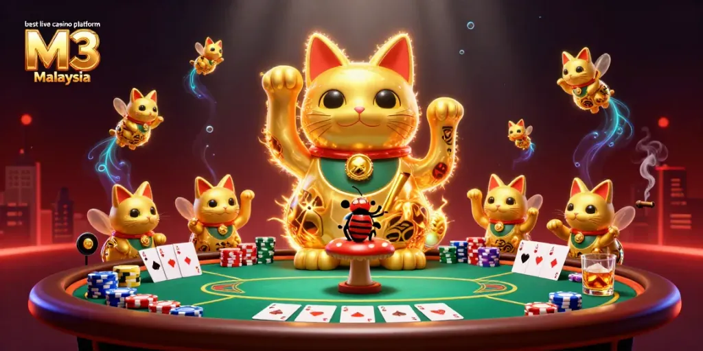 Play on the best live casino platform M3 Malaysia with a giant lucky cat illustration amidst poker elements and vibrant colors.