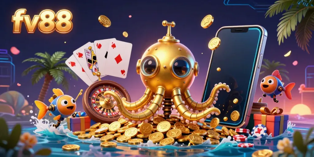 Experience thrilling gaming action at fv88 with a captivating golden kraken submarine emerging from a sea of coins.