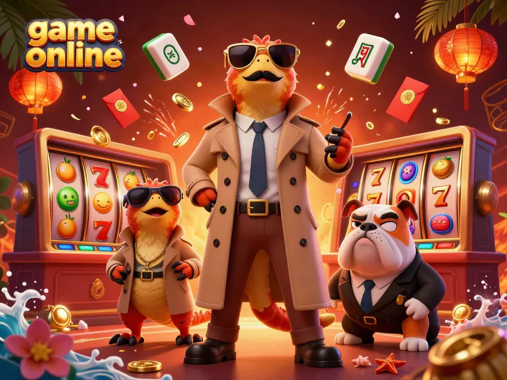 Experience game online with raptors in a trench coat at a casino lounge with slot reels and gold coins.