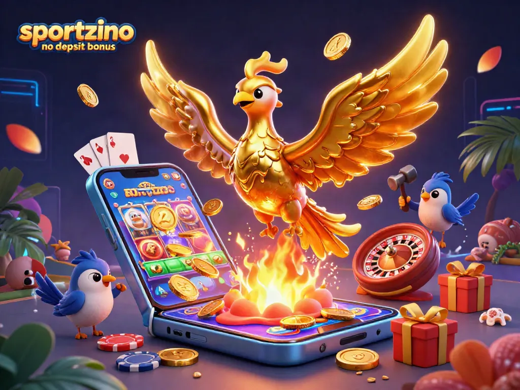 Claim exciting rewards with the sportzino no deposit bonus featuring vibrant slot games and golden coins.
