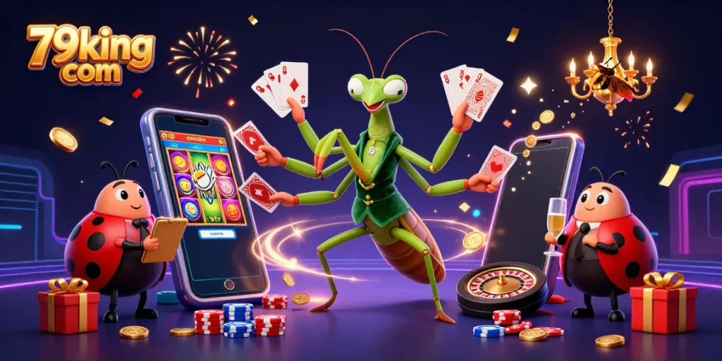 Engage with 79king com as the giant mantis card sharp shuffles cards in a vibrant casino atmosphere.