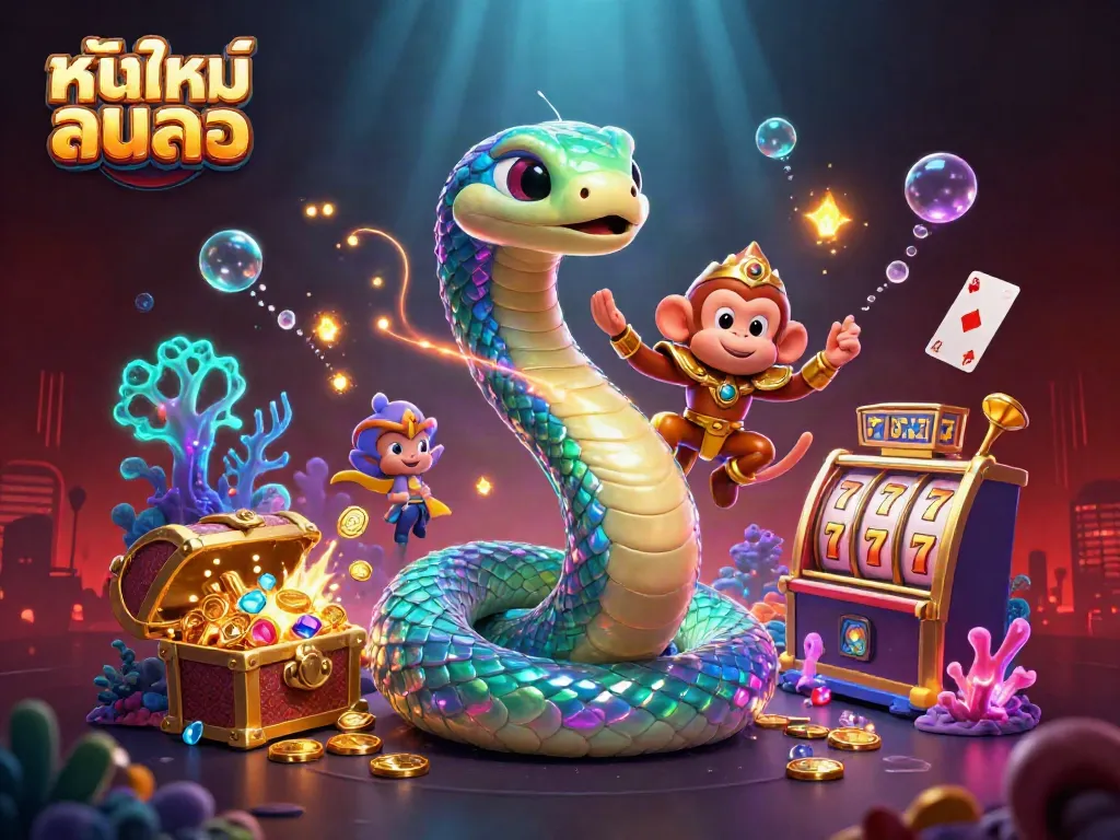 Experience the excitement of หนังใหม่ชนโรง with a vibrant casino scene featuring a rainbow serpent and playful monkey king.