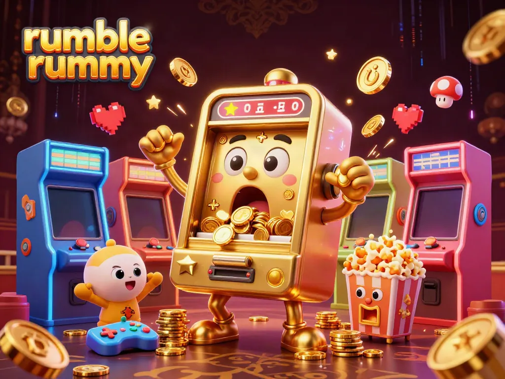 Experience the excitement of rumble rummy with a playful slot machine scene and vibrant arcade elements.