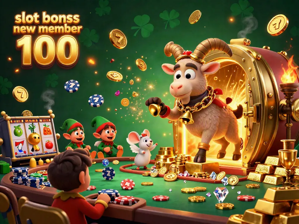 Experience the excitement of slot bonus new member 100 with lively characters in a festive casino.