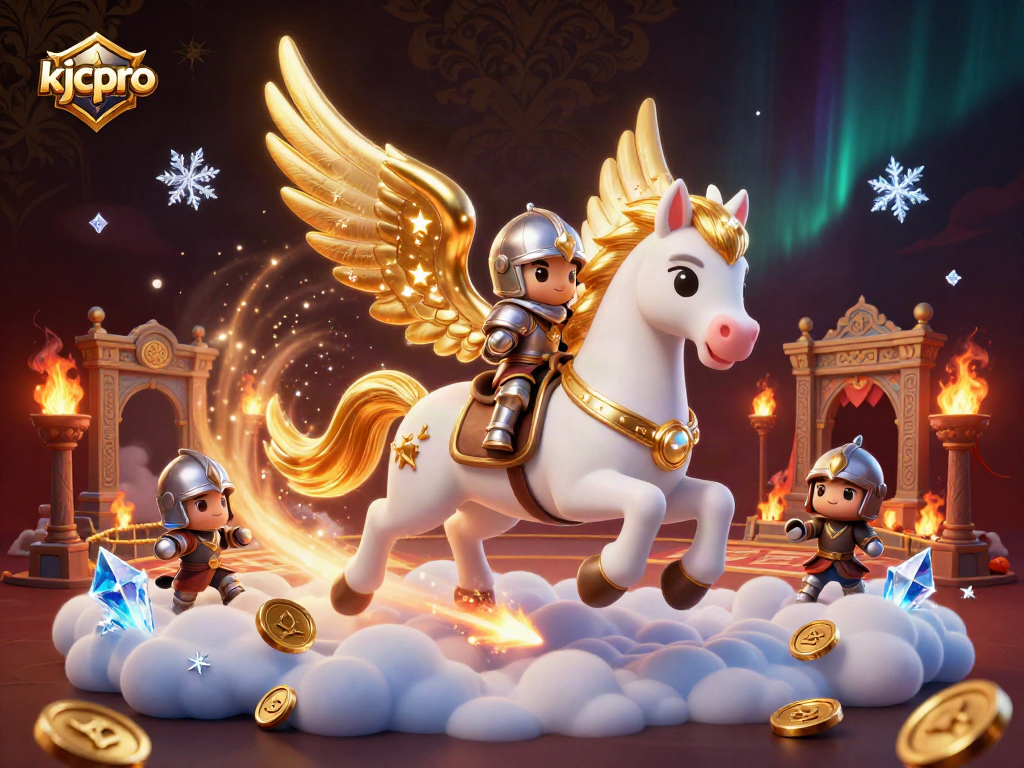 KJCPro showcases a vibrant casino scene featuring a celestial horse and knight amid dynamic gold coins and betting tokens.
