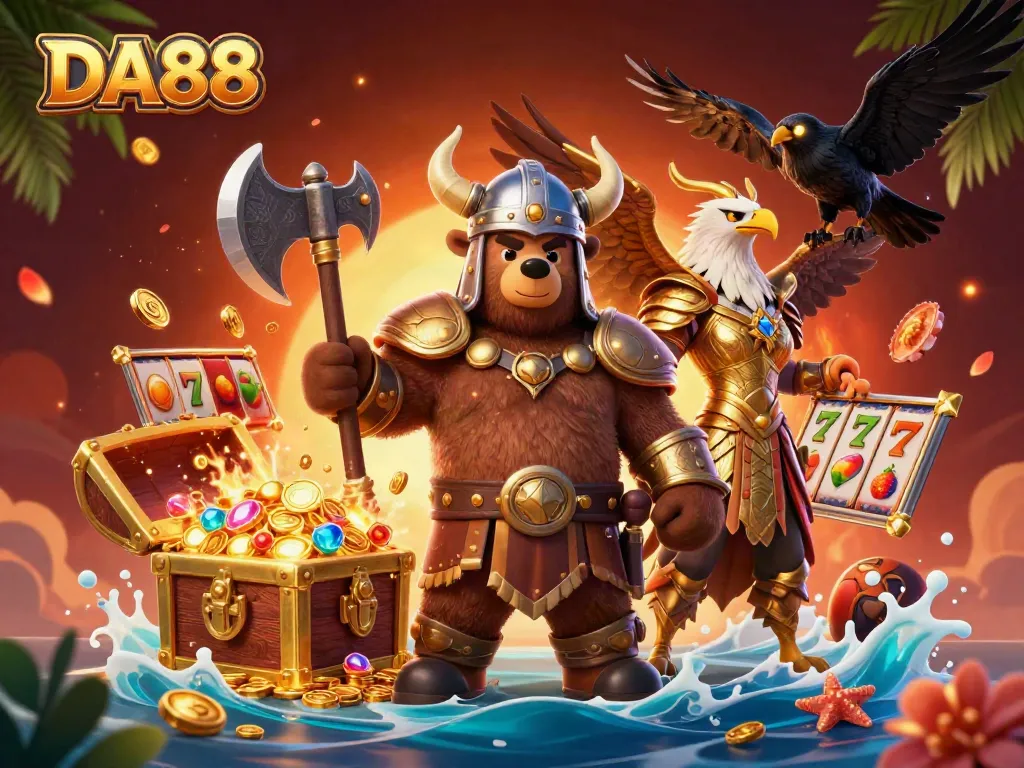 Win big at DA88 with a Viking berserker and a Valkyrie eagle amidst vibrant slot treasures.