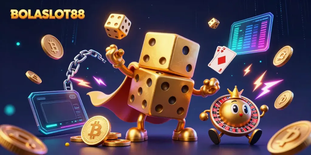 BOLASLOT88 showcases a vivid 3D scene with a golden dice golem and crypto elements, creating an electrifying casino atmosphere.