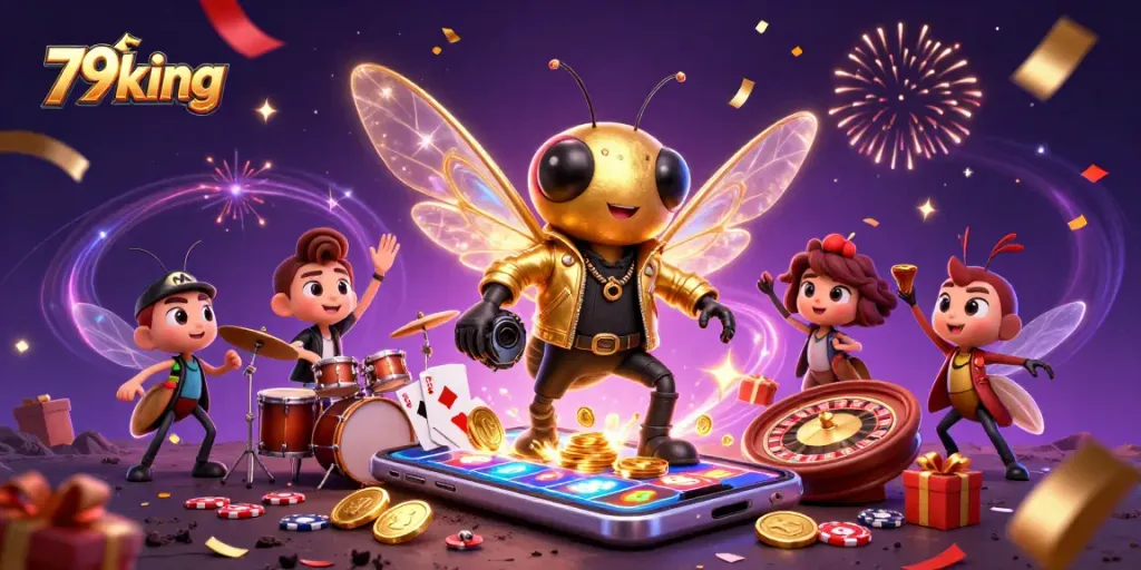 Experience winning thrills with 79king's vibrant casino illustration featuring dynamic characters and games.