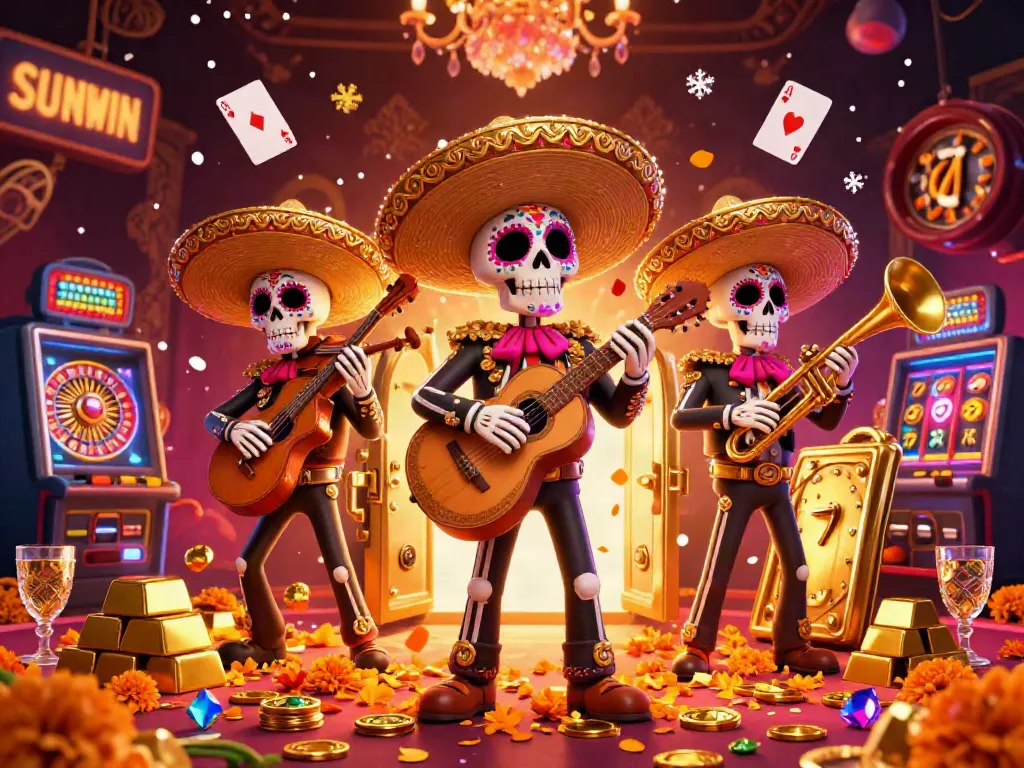Experience the joy of SUNWIN with mariachi skeletons celebrating at a lively casino.