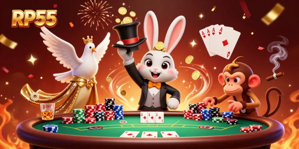 Engage with RP55's thrilling world of casino magic featuring a magician rabbit and playful characters.
