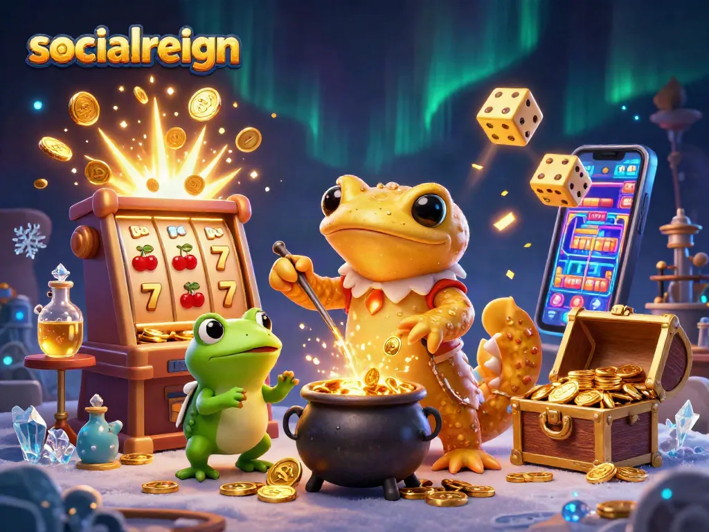 Engage with socialreign's magical casino scene featuring gold coins and vibrant slot machine action