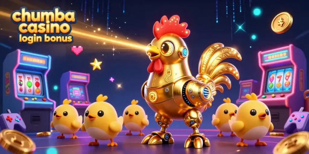 Claim your chumba casino login bonus with vibrant 3D characters in an action-packed casino scene.