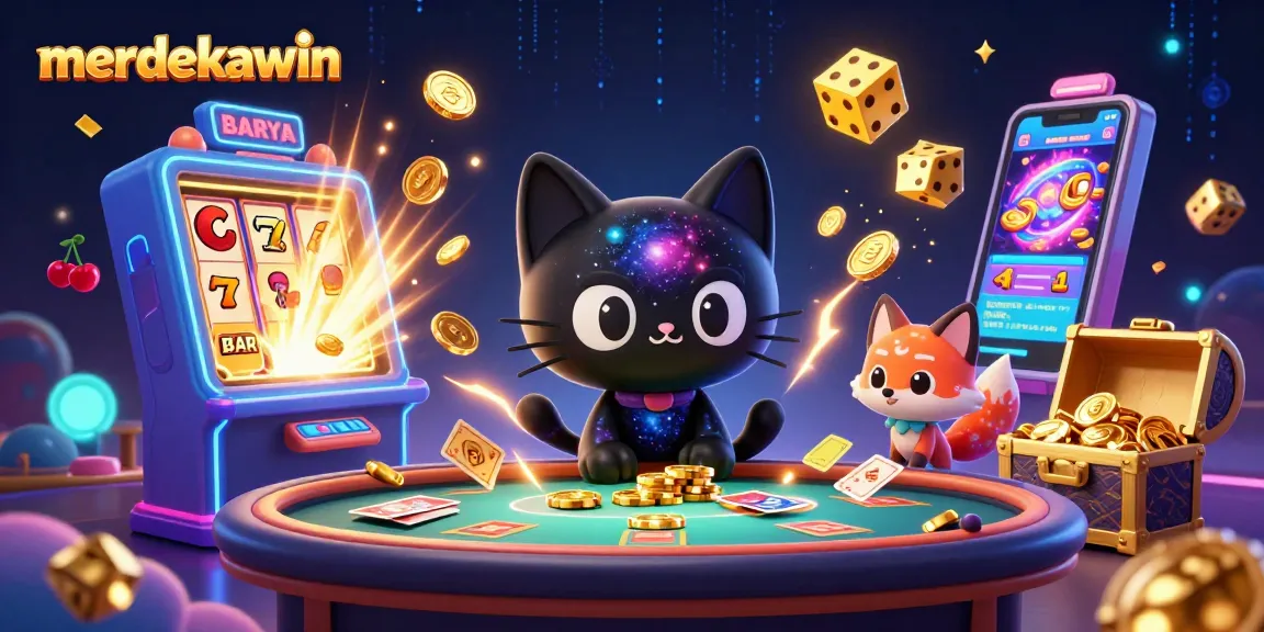 Mainkan merdekawin dengan ilustrasi kucing lubang hitam mengumpulkan chip emas dan kartu di kasino kosmik.