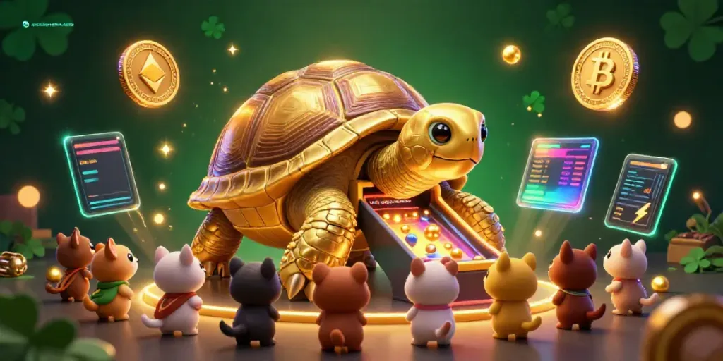 Engaging scene at an australian online casino featuring a golden tortoise pinball machine surrounded by excited animals.