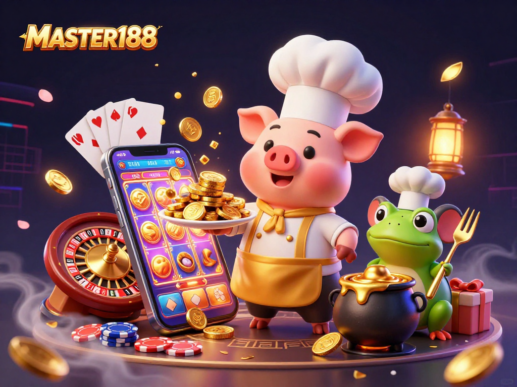 Engage in thrilling gameplay with MASTER188 where cartoon characters and vibrant casino elements unite.