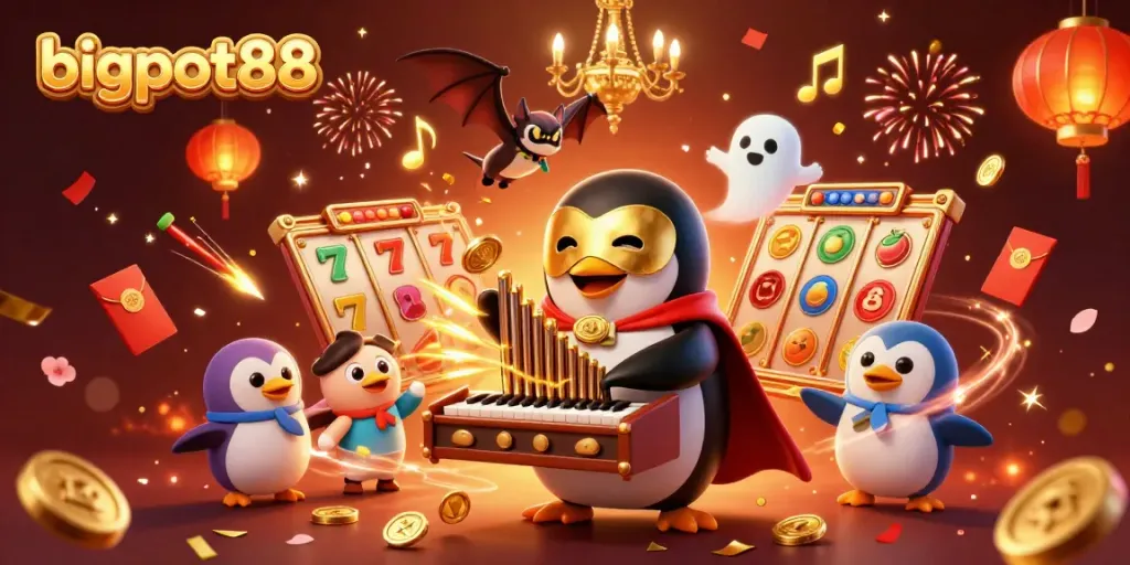 Engage with bigpot88 in this vibrant casino scene featuring a whimsical penguin and dynamic slot elements.