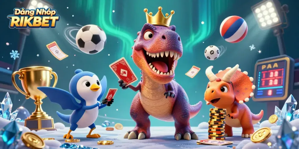 Experience engaging gameplay with Đăng Nhập RIKBET featuring a T-Rex, pterodactyl, and triceratops in a vibrant casino scene.