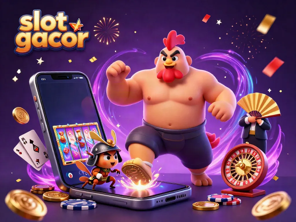 Engage with slot gacor in a vibrant 3D scene of characters celebrating big wins with golden coins and gaming energy.