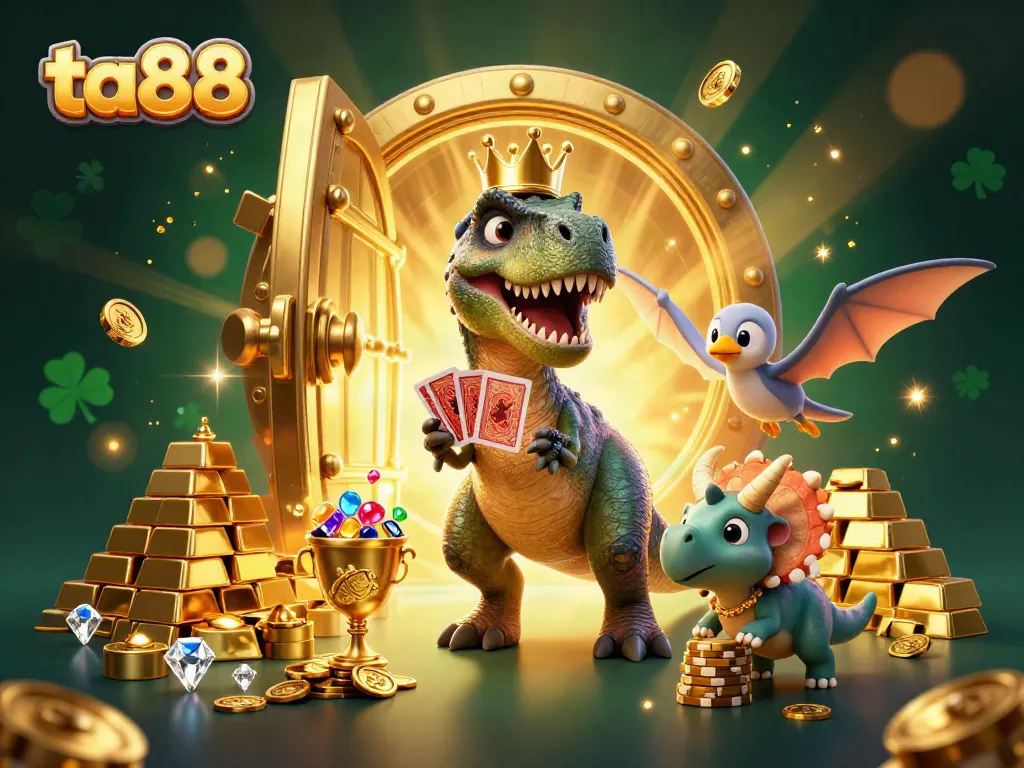 Experience excitement at ta88 with dinosaurs and treasure in a vibrant casino scene.
