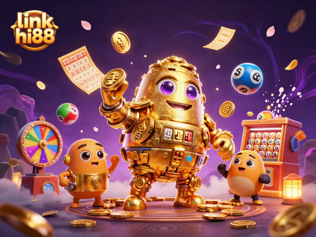 Spin and win at link hi88 with a dynamic 3D illustration of a golden golem amidst lottery elements.