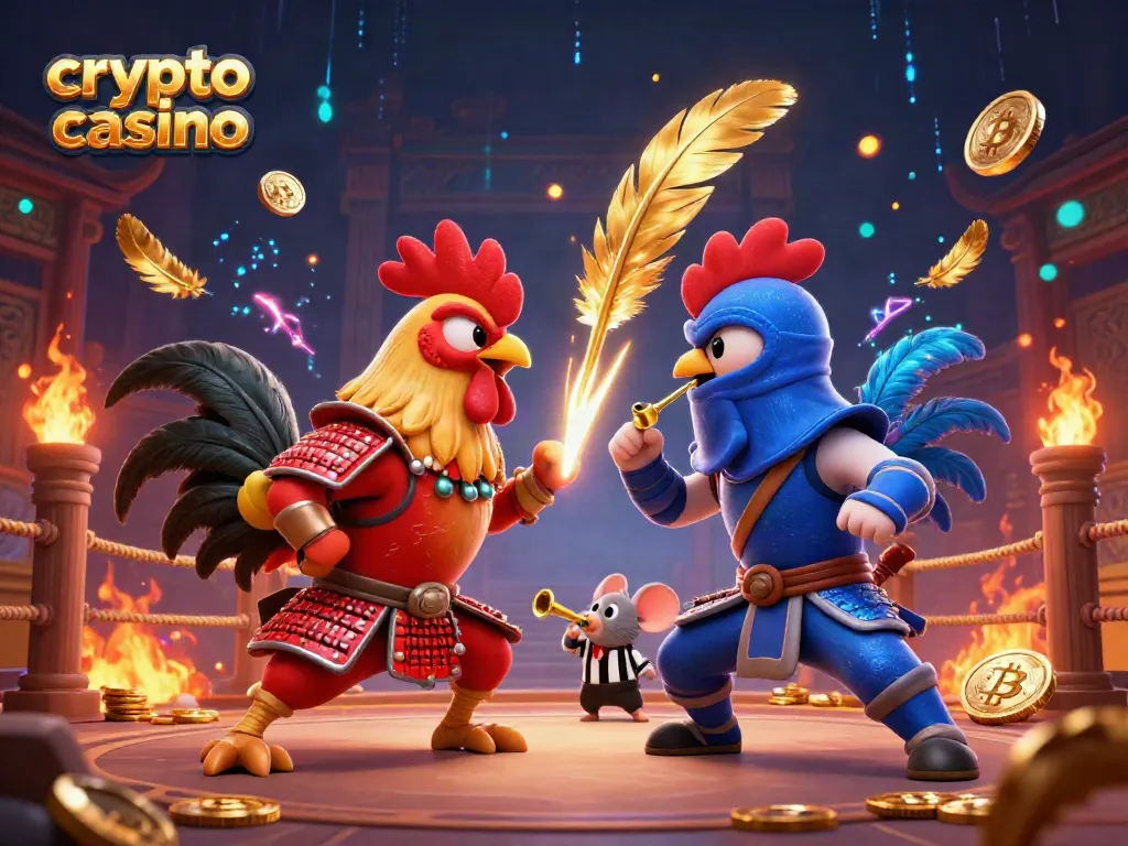 Engage in thrilling action at a crypto casino featuring epic roosters in combat.