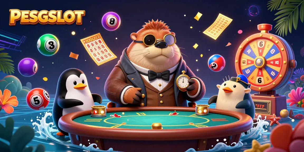 PESGSLOT showcases an underwater poker game with a walrus, penguin dealer, and pufferfish, packed with vibrant gambling elements.