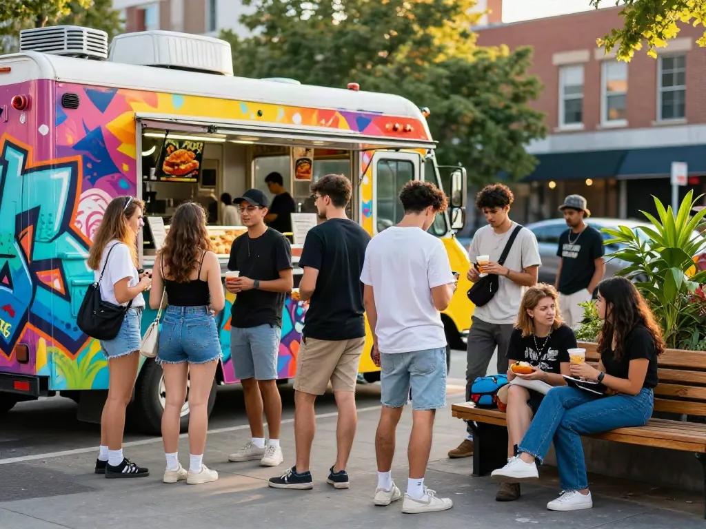 Group of friends enjoying street food at Akunjp food truck in vibrant urban setting.
