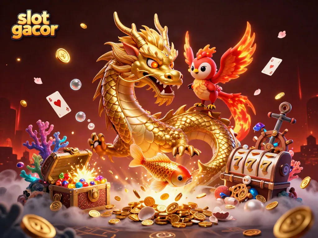 Engage with slot gacor through an immersive 3D scene featuring a golden dragon, phoenix, and koi fish.