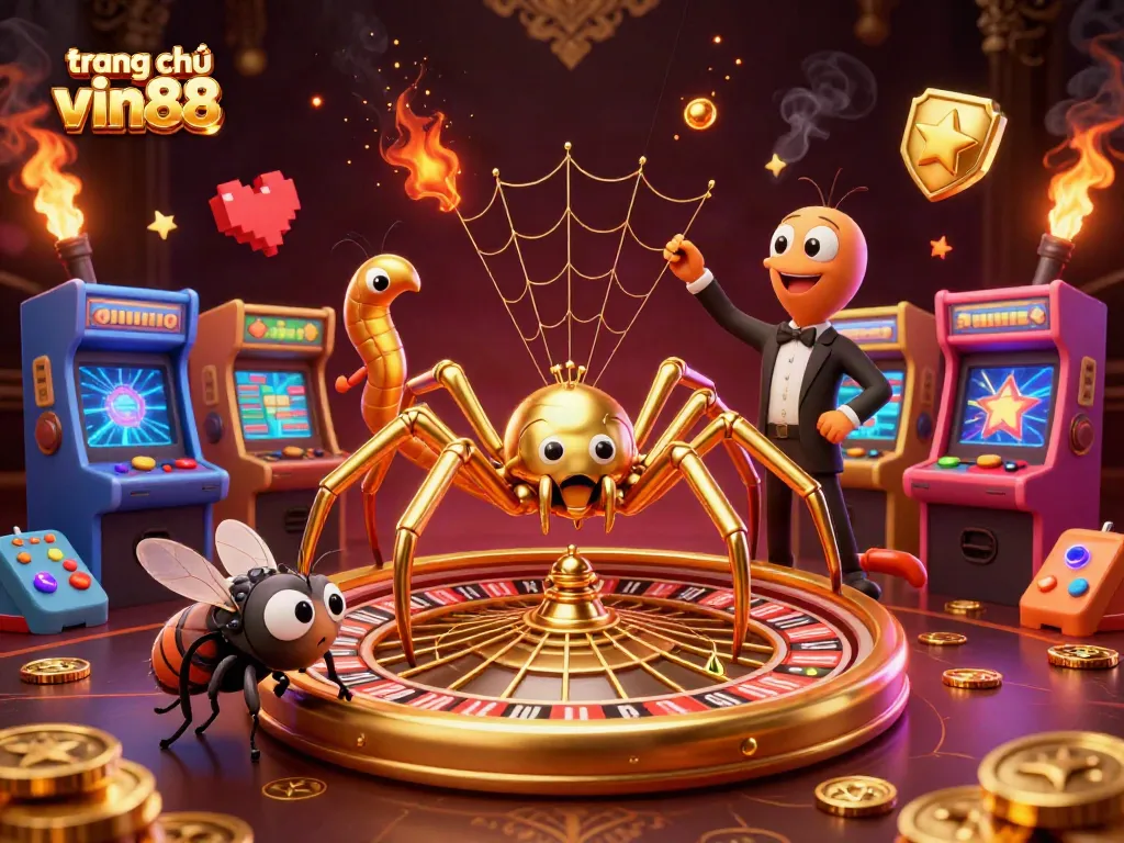Engaging scene with cartoon spider and centipede promoting trang chủ vin88, set in a vibrant casino backdrop.