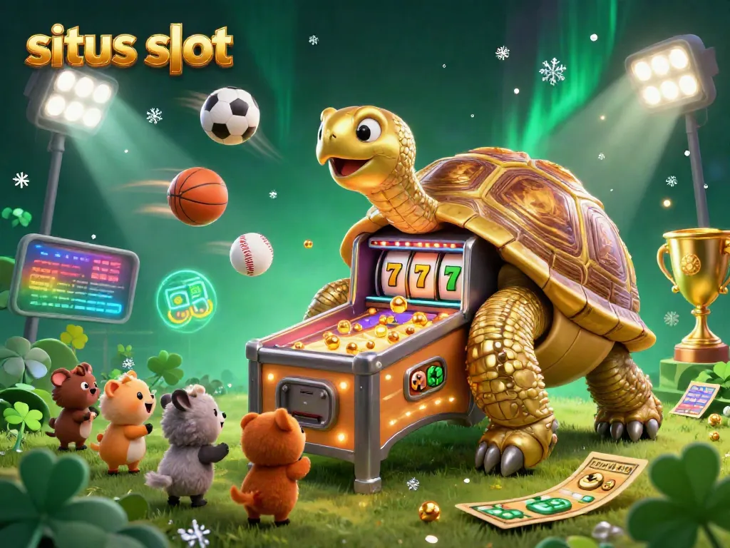 Permainan situs slot dengan kura-kura emas lucu dan elemen kasino lainnya, menarik bagi para pemain.