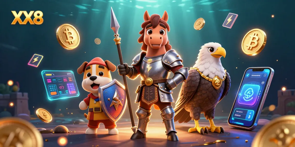 Experience thrilling gambling excitement with XX8, featuring a knight, squire, and falcon intertwined with crypto elements.