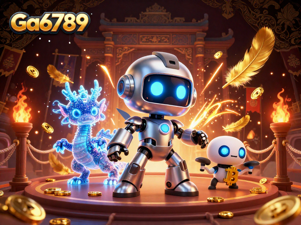 Engage with Ga6789's vibrant casino scene featuring a cyberpunk robot, holographic dragon, and bitcoin assistant.