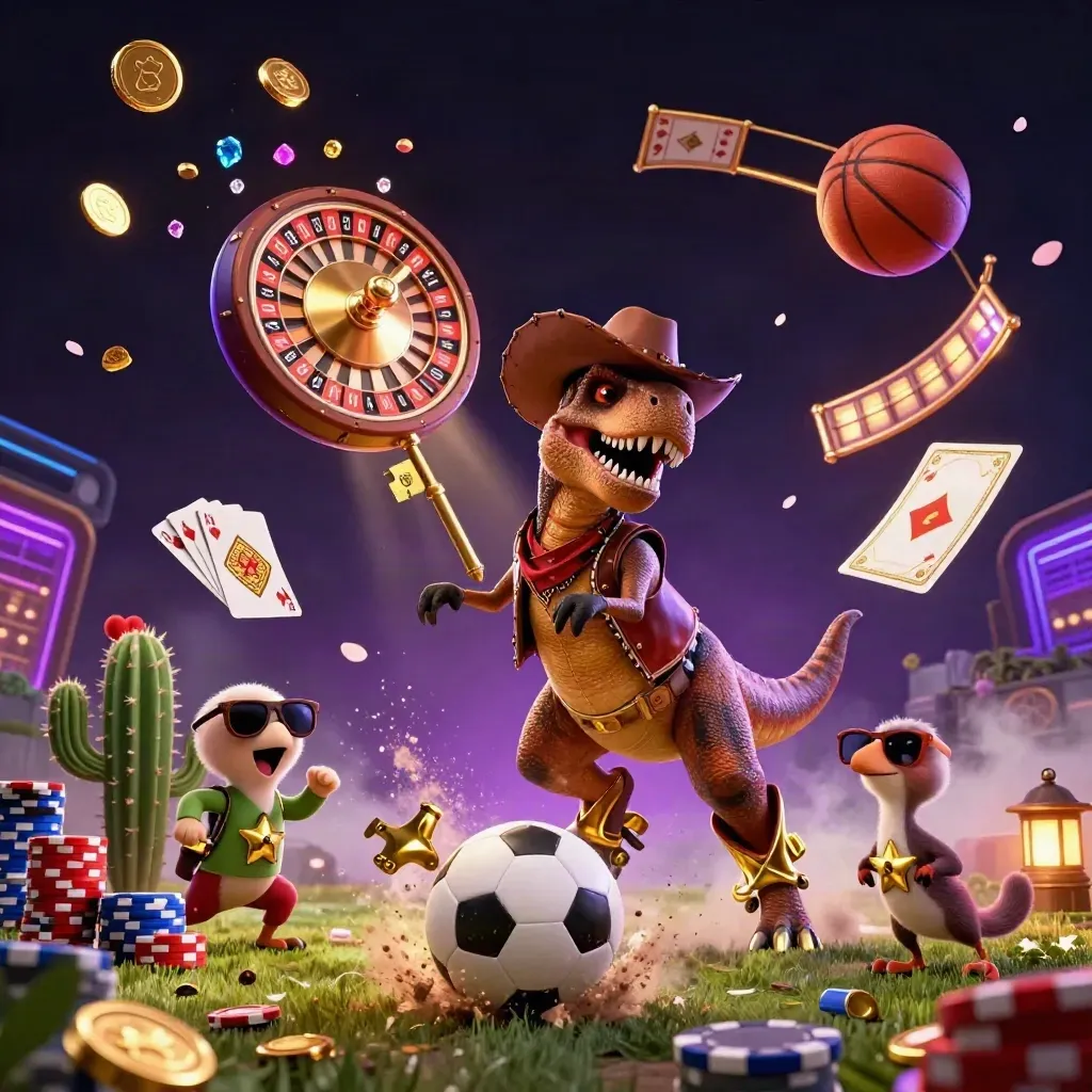 Cowboy T-Rex, cactus, and roadrunner explode around a soccer ball with casino neon.