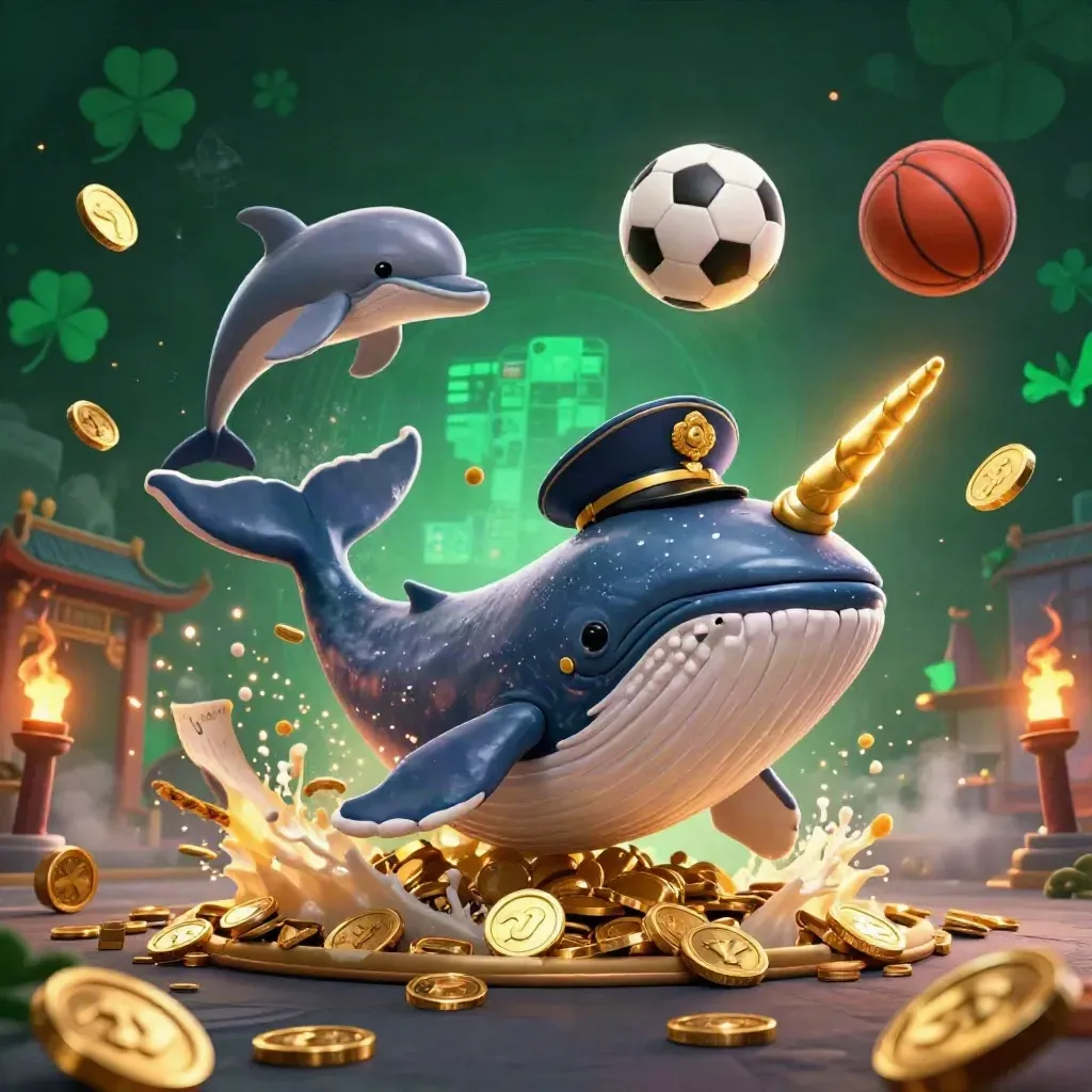 Whale captain, narwhal, dolphins, balls, and casino coins explode in neon casino light.