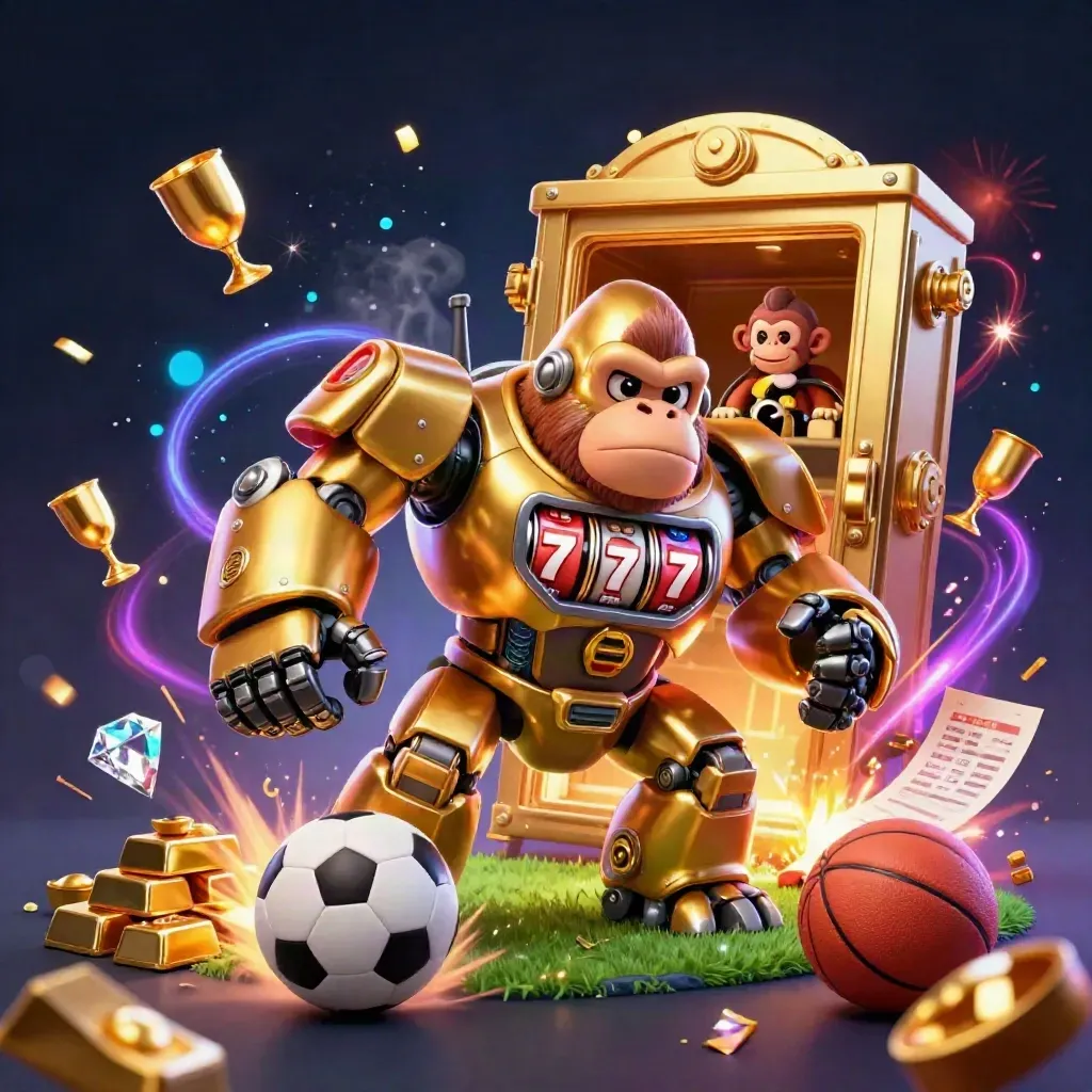 Golden gorilla slot mech smashes balls amid vault gold, neon confetti, and fireworks