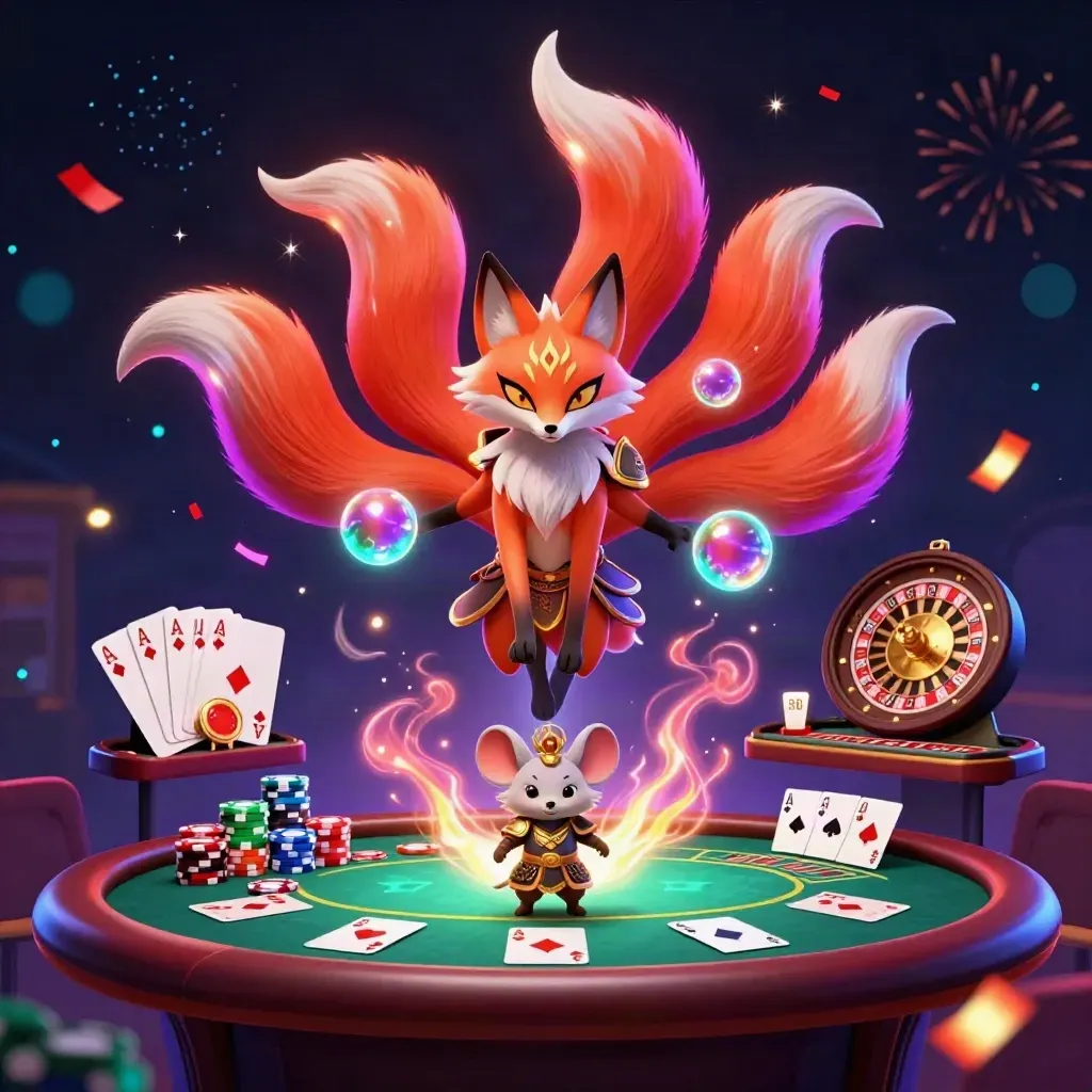 Nine-tailed fox spirit and golden samurai mouse amid neon casino magic and treasure
