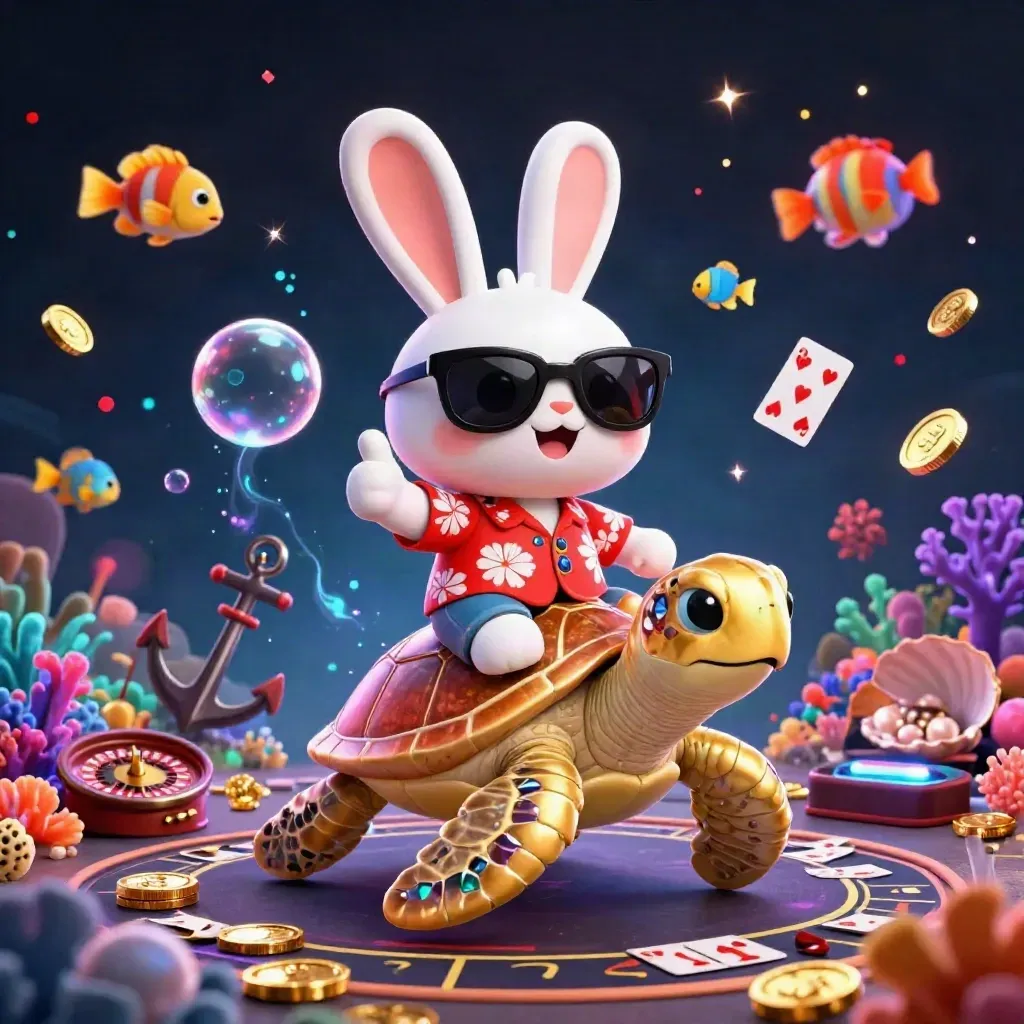 Lucky rabbit on a golden sea turtle amid casino treasure, neon sparkles, and spinning roulette.