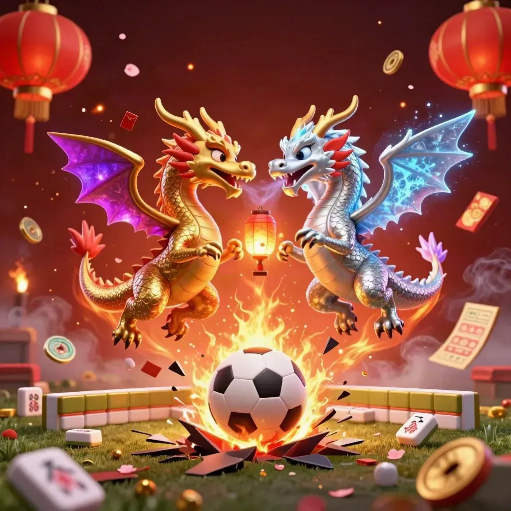 Twin gold and silver dragons clash in neon fire and ice with mahjong, lanterns, coins, and casino energy.