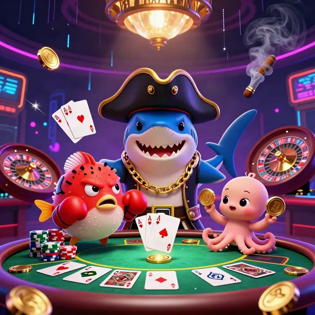 Pirate shark, boxing pufferfish, and juggling octopus amid neon casino props and chips.