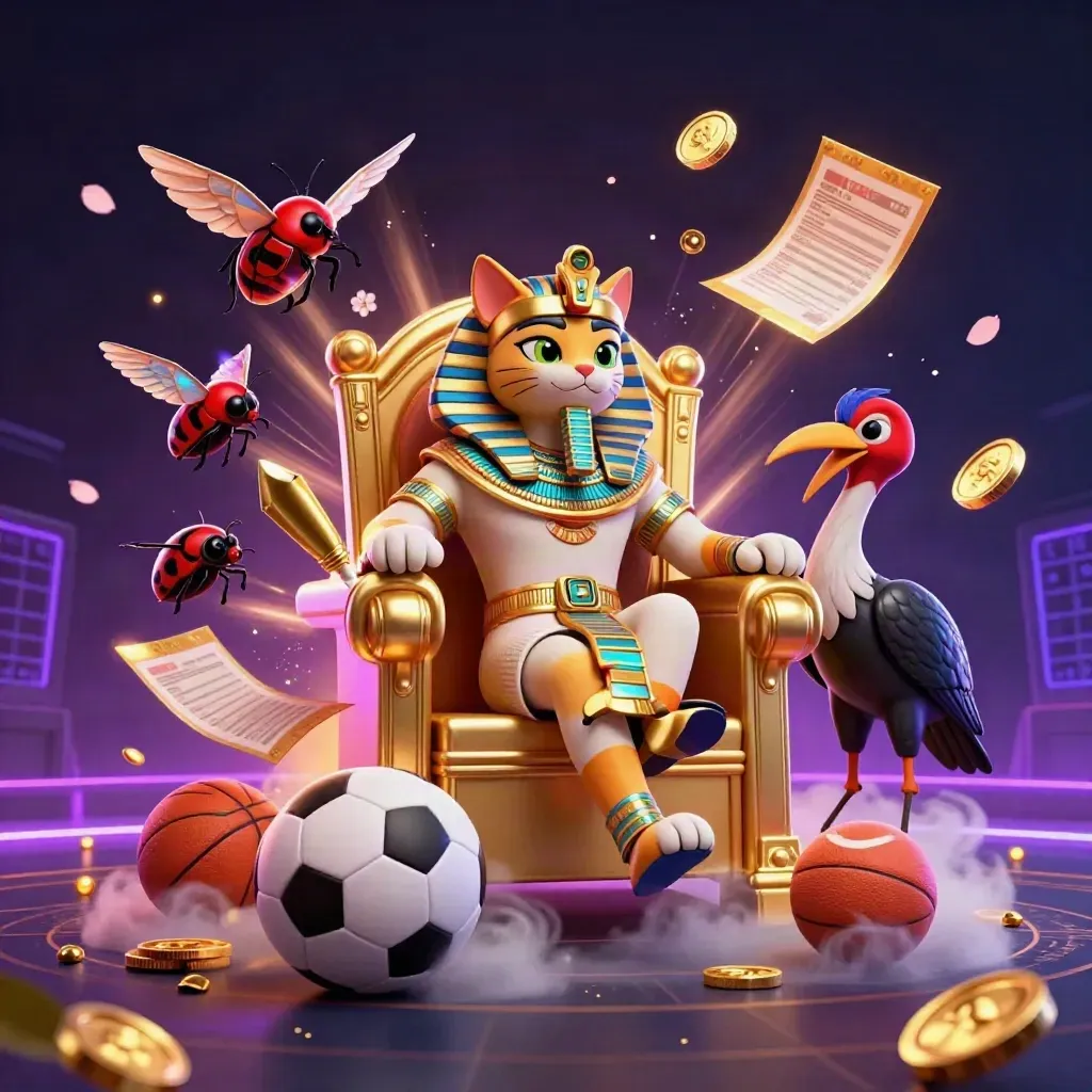 Pharaoh cat, ibis, and scarab beetles amid neon casino sports balls and gold effects.