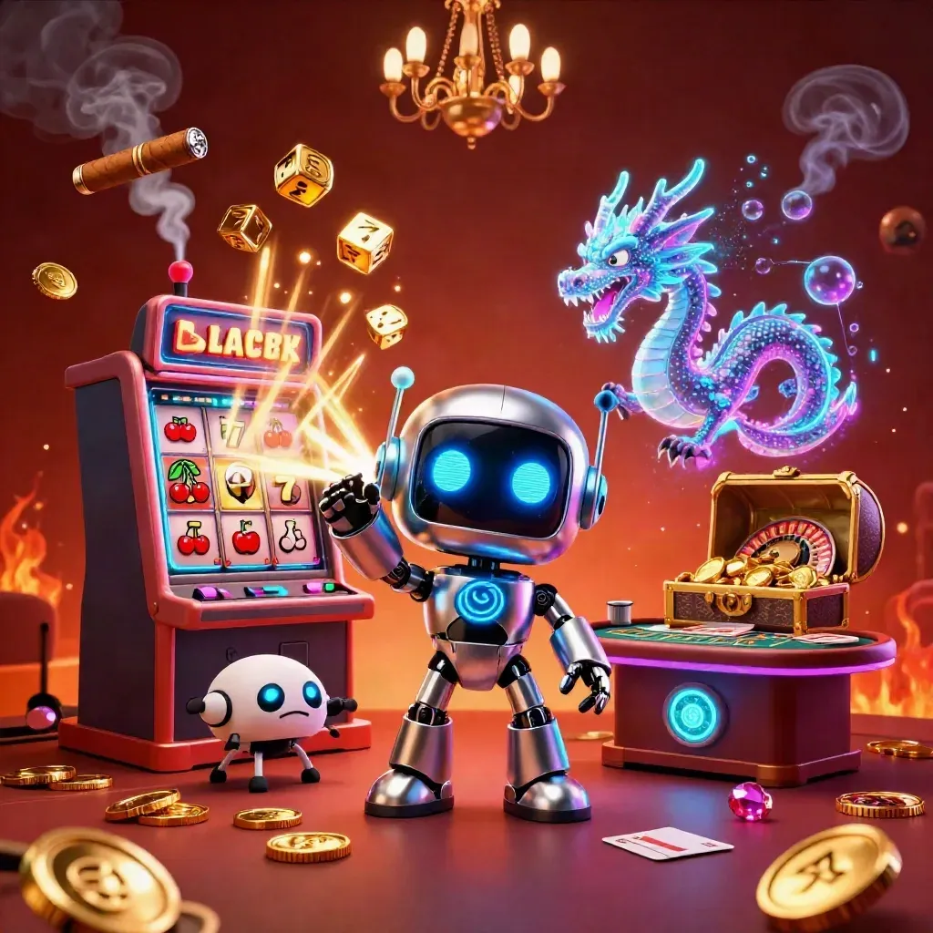 Cyberpunk robot, holographic dragon, and coin drone amid casino riches and slot bursts.