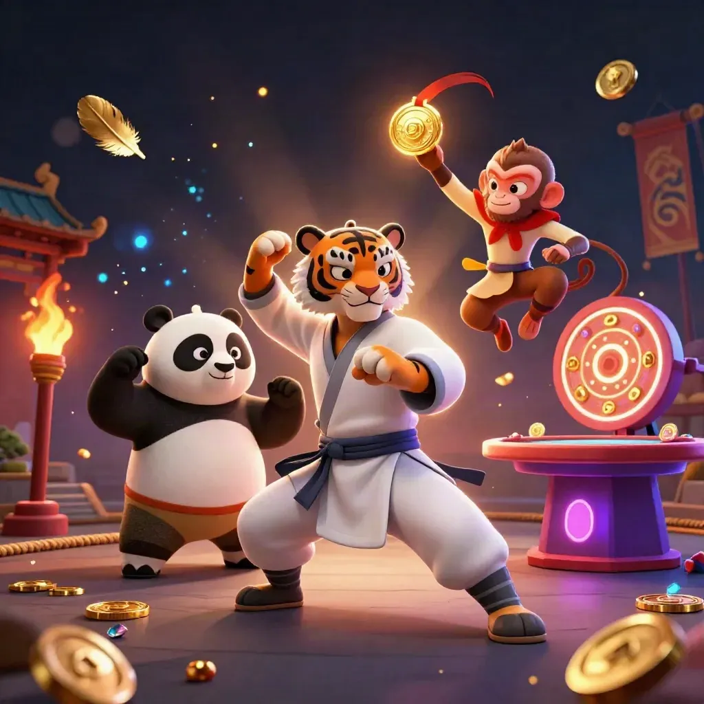 Tiger, panda, and monkey martial arts heroes in a neon casino fantasy scene.