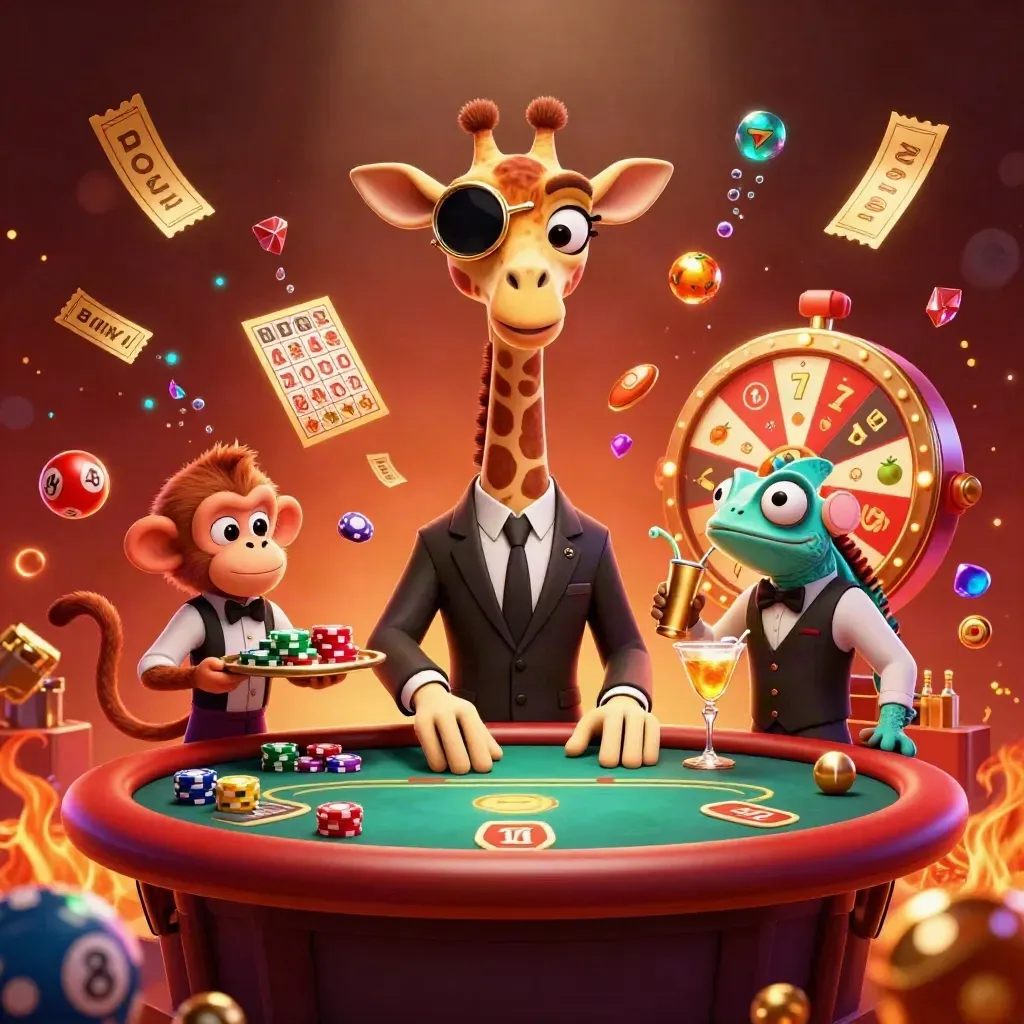 Giraffe, monkey, and chameleon at a neon casino table amid jackpots and flying prizes.