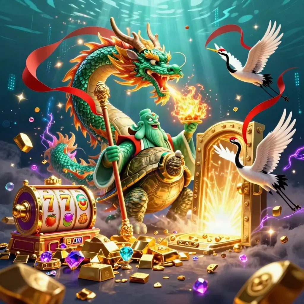 Emerald dragon, turtle sage, and cranes burst gold fire around an opening treasure vault underwater.