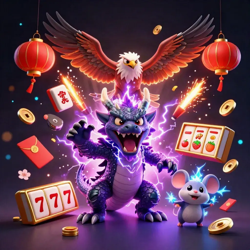 Thunder dragon, wind hawk, and static mouse amid casino treasures and neon energy