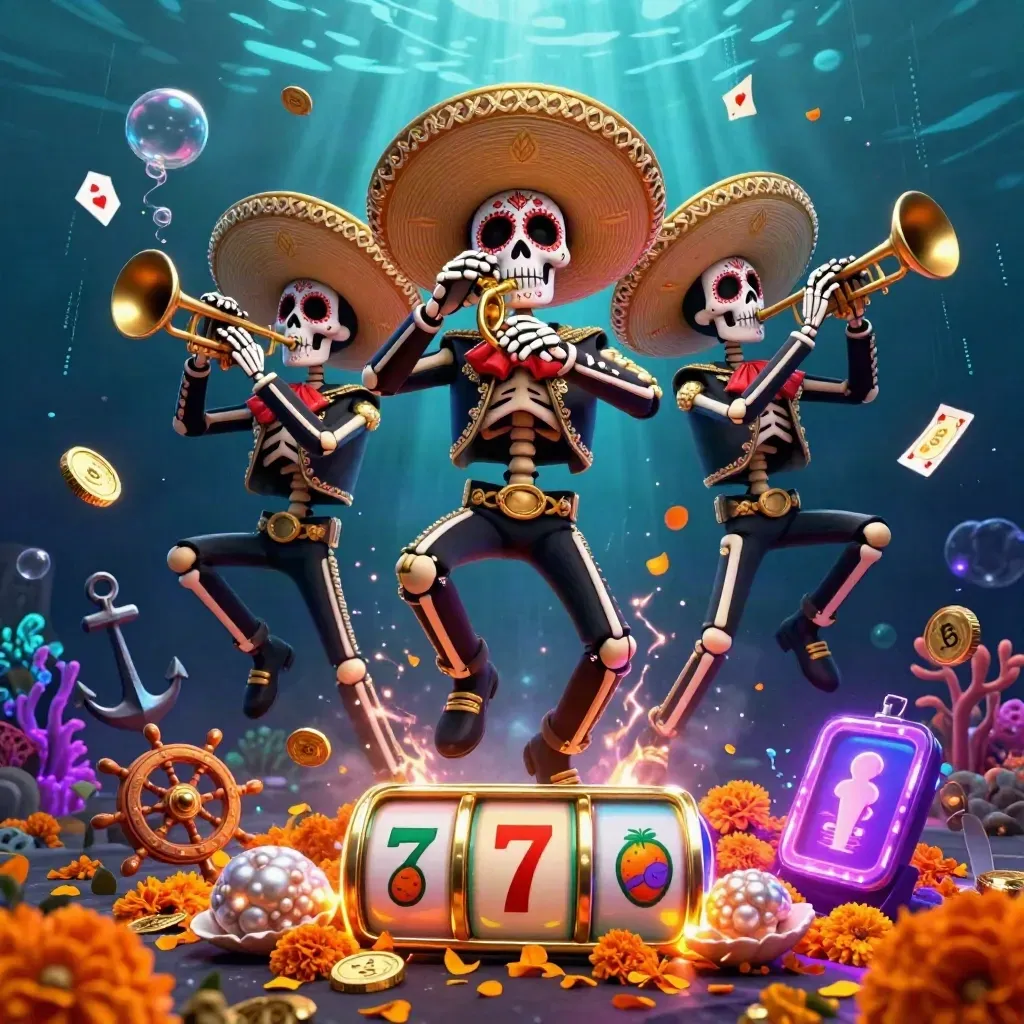 Three skeleton mariachi players burst through an underwater treasure cove with coins, coral, and glowing energy