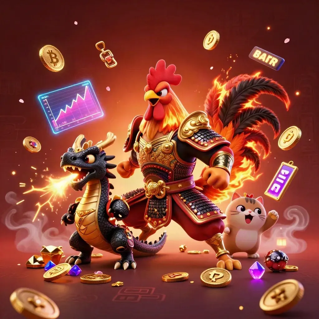Rooster warrior, dragon hatchling, and fortune cat amid casino gems, coins, and neon sparks