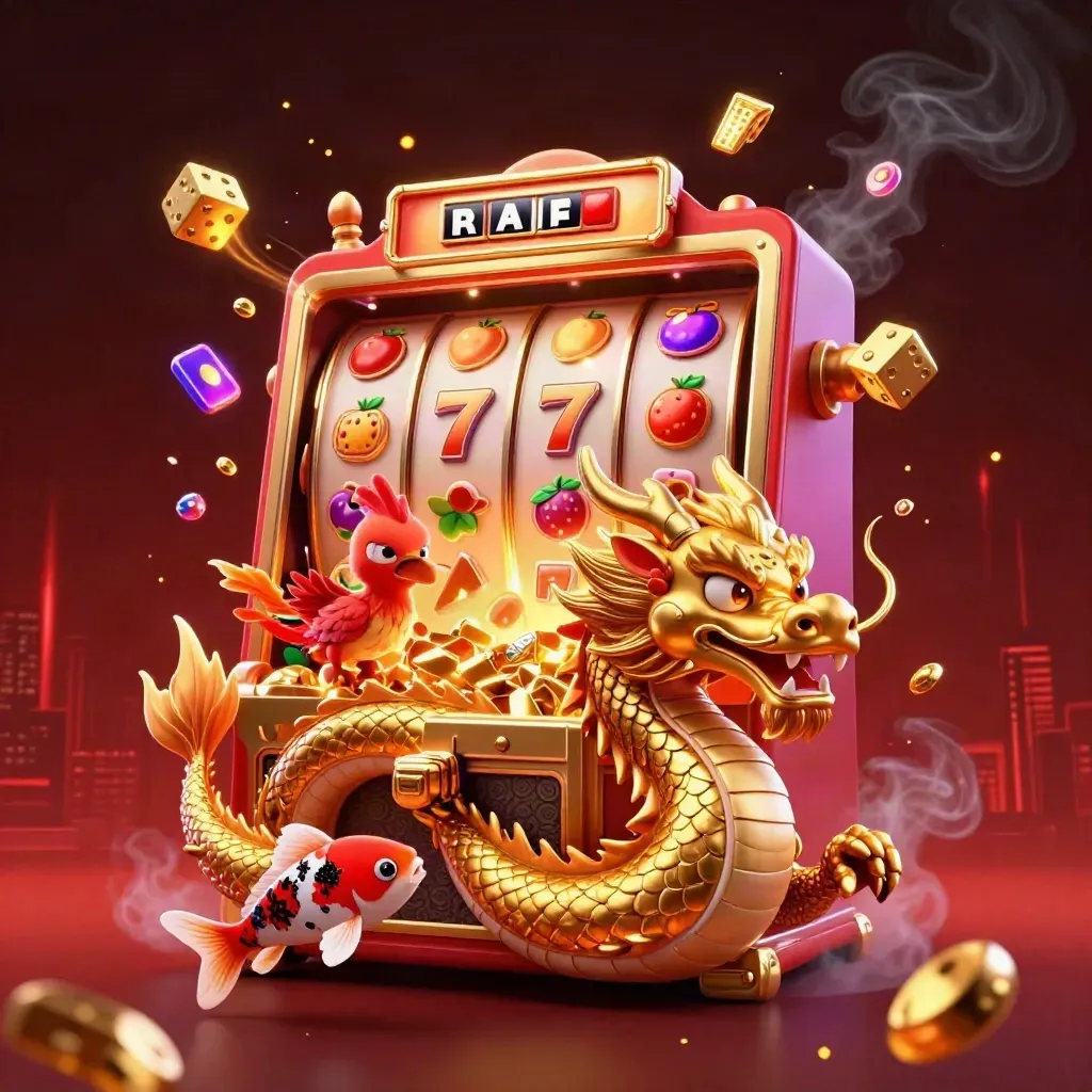 Golden dragon, red phoenix, and koi explode around treasure and slot effects in neon casino glow.