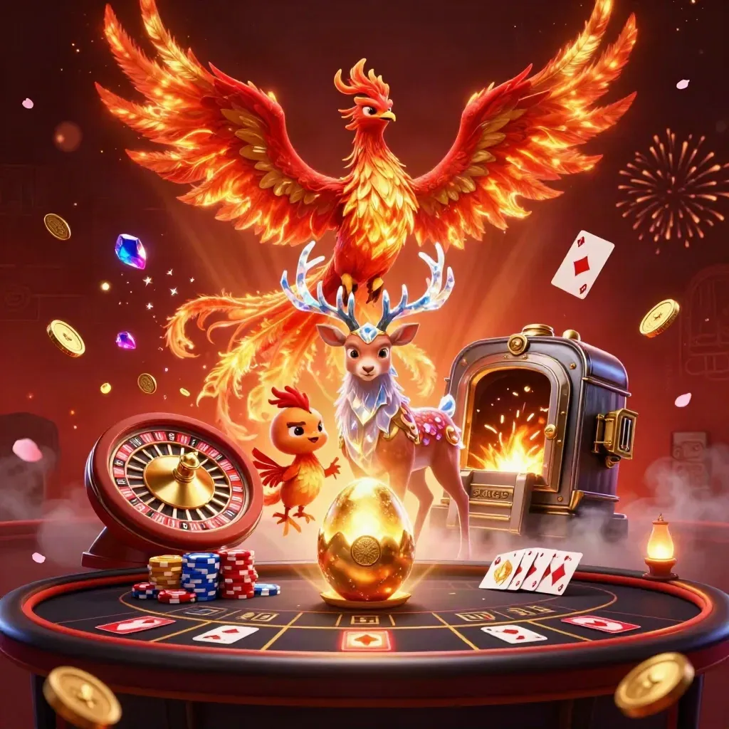 Phoenix, baby phoenix, and crystal stag amid casino coins, cards, chips, and fireworks