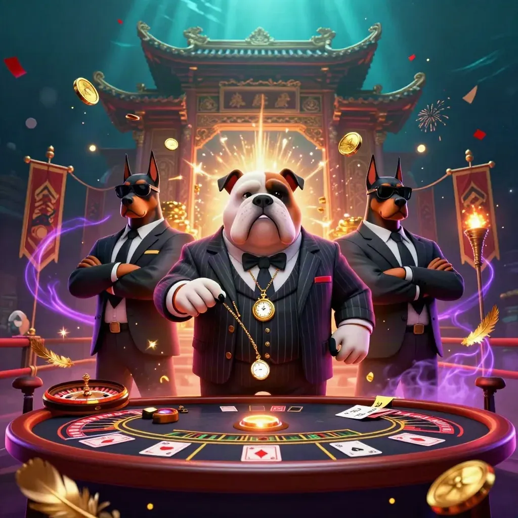 Bulldog boss and two Dobermans amid coins, fireworks, temple gates, and casino props in neon light.